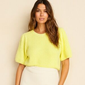 Saltwater LUXE Lemon Drop Puff Sleeve Textured Knit Sweater Size Large